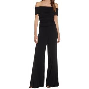 ELIZA J Ruched Bodice Off the Shoulder Mesh Formal Chic JUMPSUIT Size 20W Black